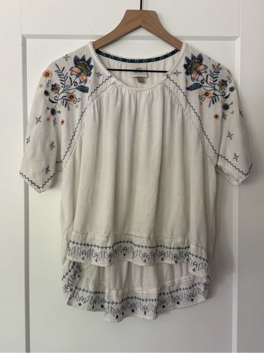 Knox Rose White Peasant Tunic with Blue and Pink Floral Embroidery